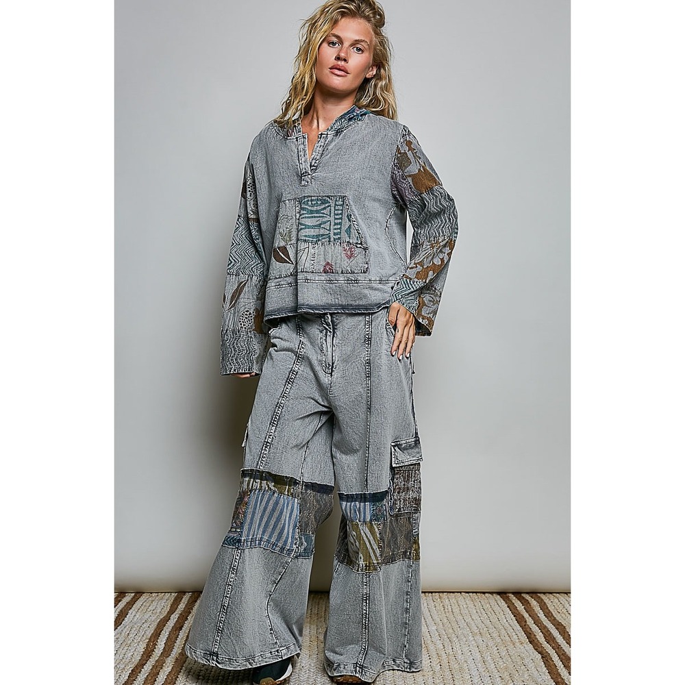 219. New POL Mixed Patchwork Wide Leg Pants Light Wash Gray Cotton